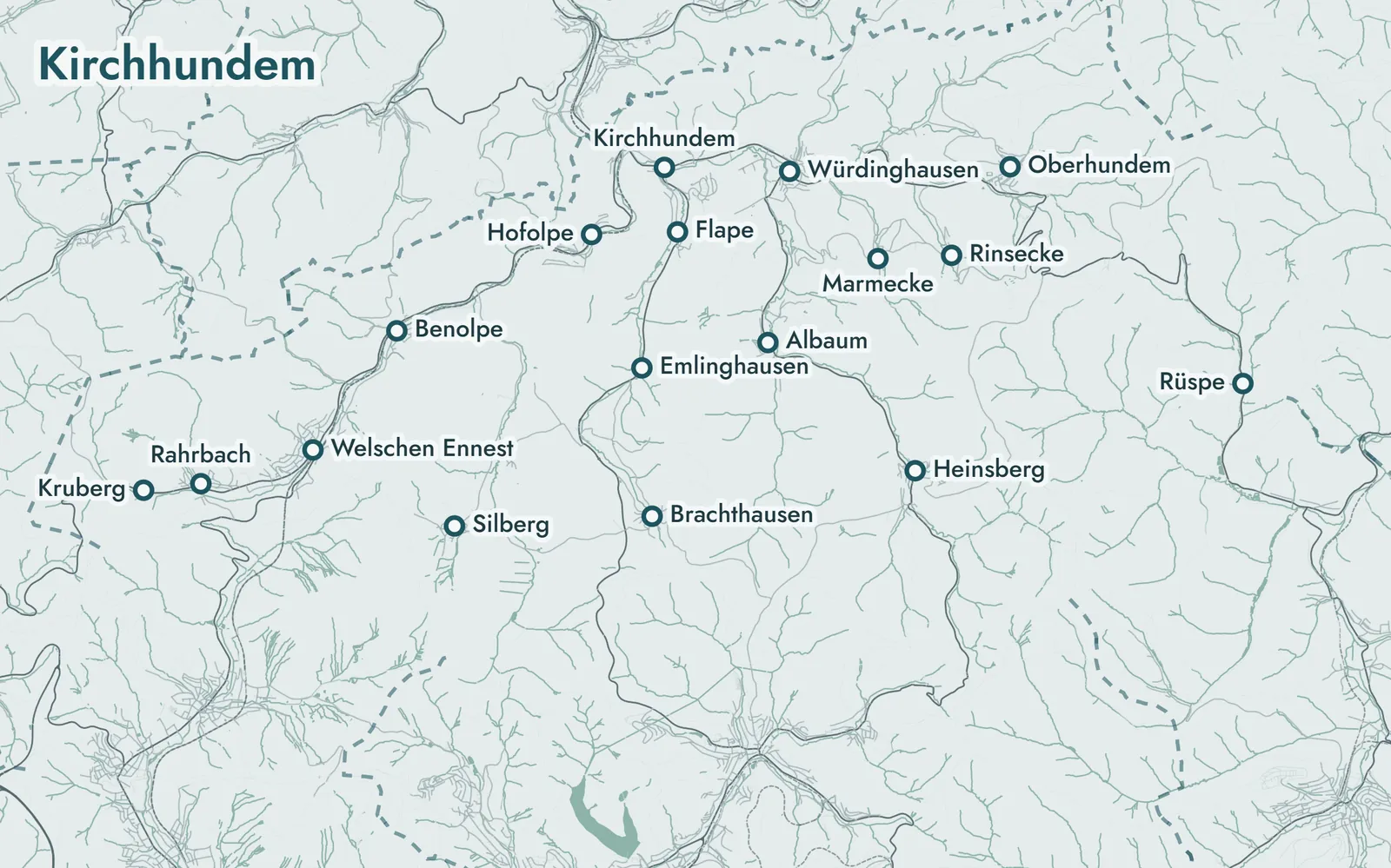 Karte mit den Ortsteilen von Kirchhundem, in denen D&N Reinigung Büros und Praxen reinigt
